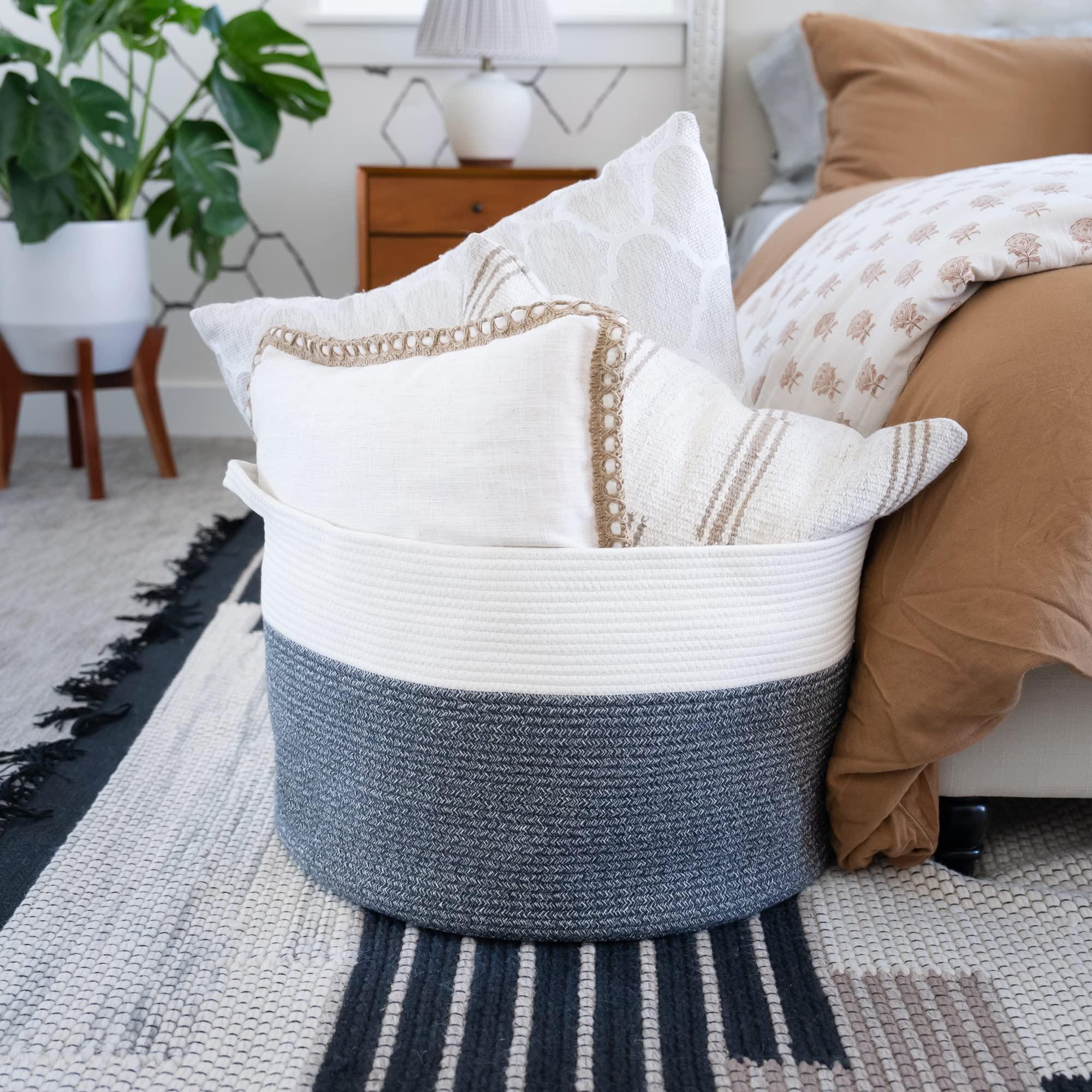 Little Hippo XXXL Cotton Rope Basket (22"x14") 100% Natural Cotton! Baby Gift, Large Blanket Storage for Living Room, Toy and Pillow Organizer (White & Brown) - KJ Cozy Designs