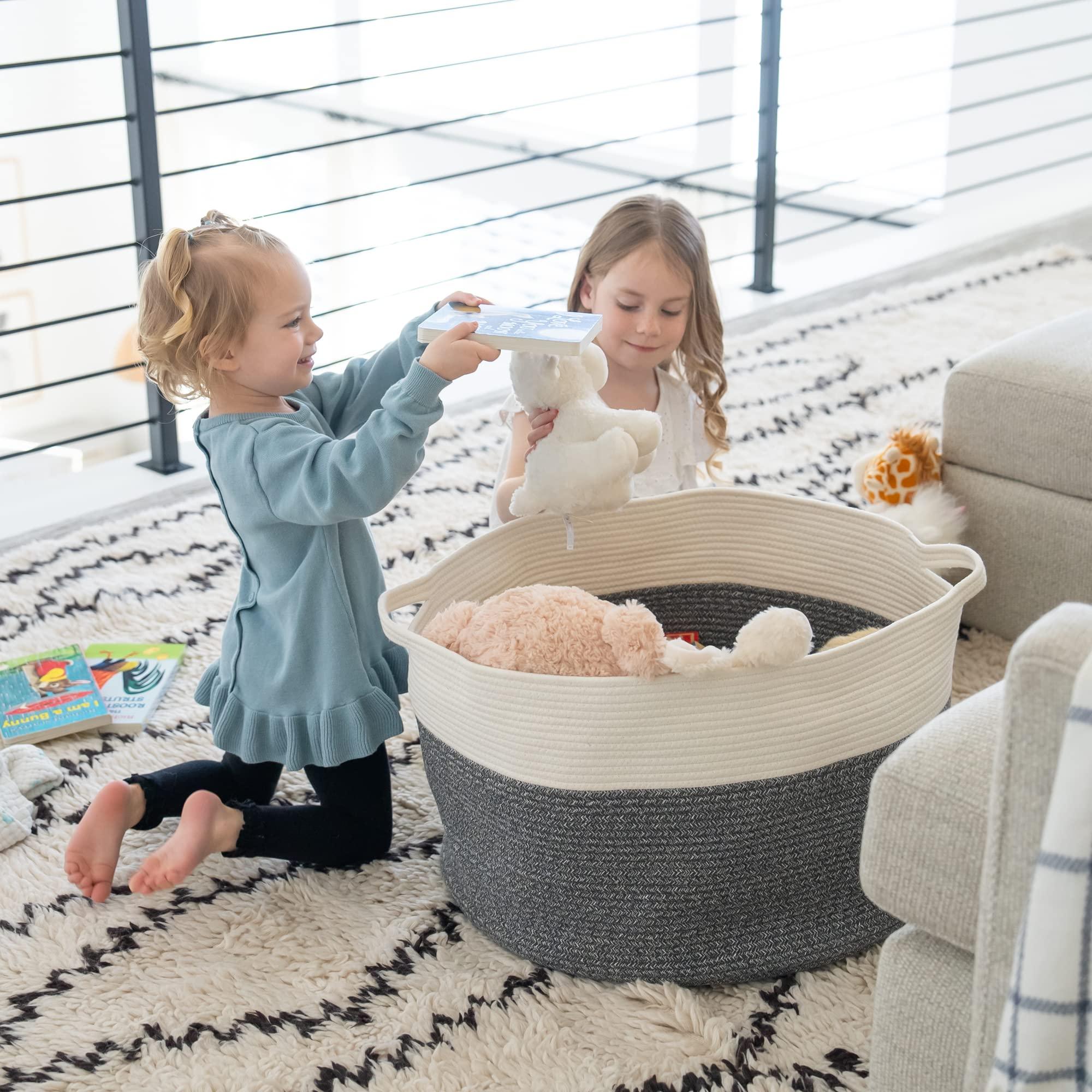 Little Hippo XXXL Cotton Rope Basket (22"x14") 100% Natural Cotton! Baby Gift, Large Blanket Storage for Living Room, Toy and Pillow Organizer (White & Brown) - KJ Cozy Designs