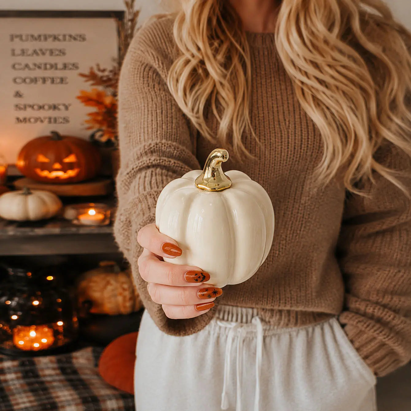 A woman in a brown ribbed sweater holds a small white ceramic pumpkin with a metallic gold stem. The background is a cozy, warmly lit autumn-themed shelf with jack-o'-lanterns, candles, and a sign reading 'PUMPKINS LEAVES CANDLES COFFEE & SPOOKY MOVIES'.
