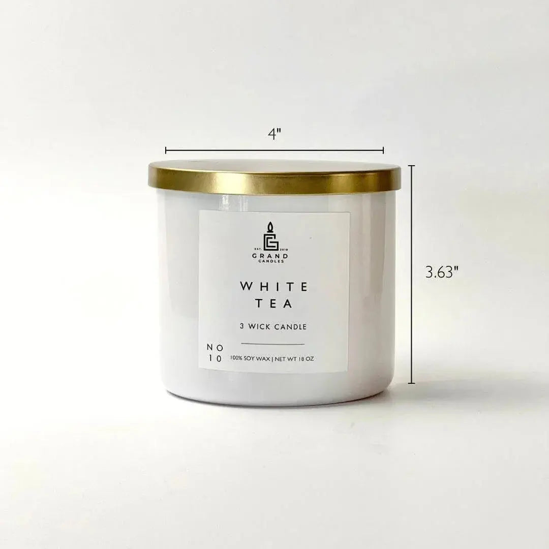White Tea 3-wick soy candle in white jar with gold lid, cozy home decor essential