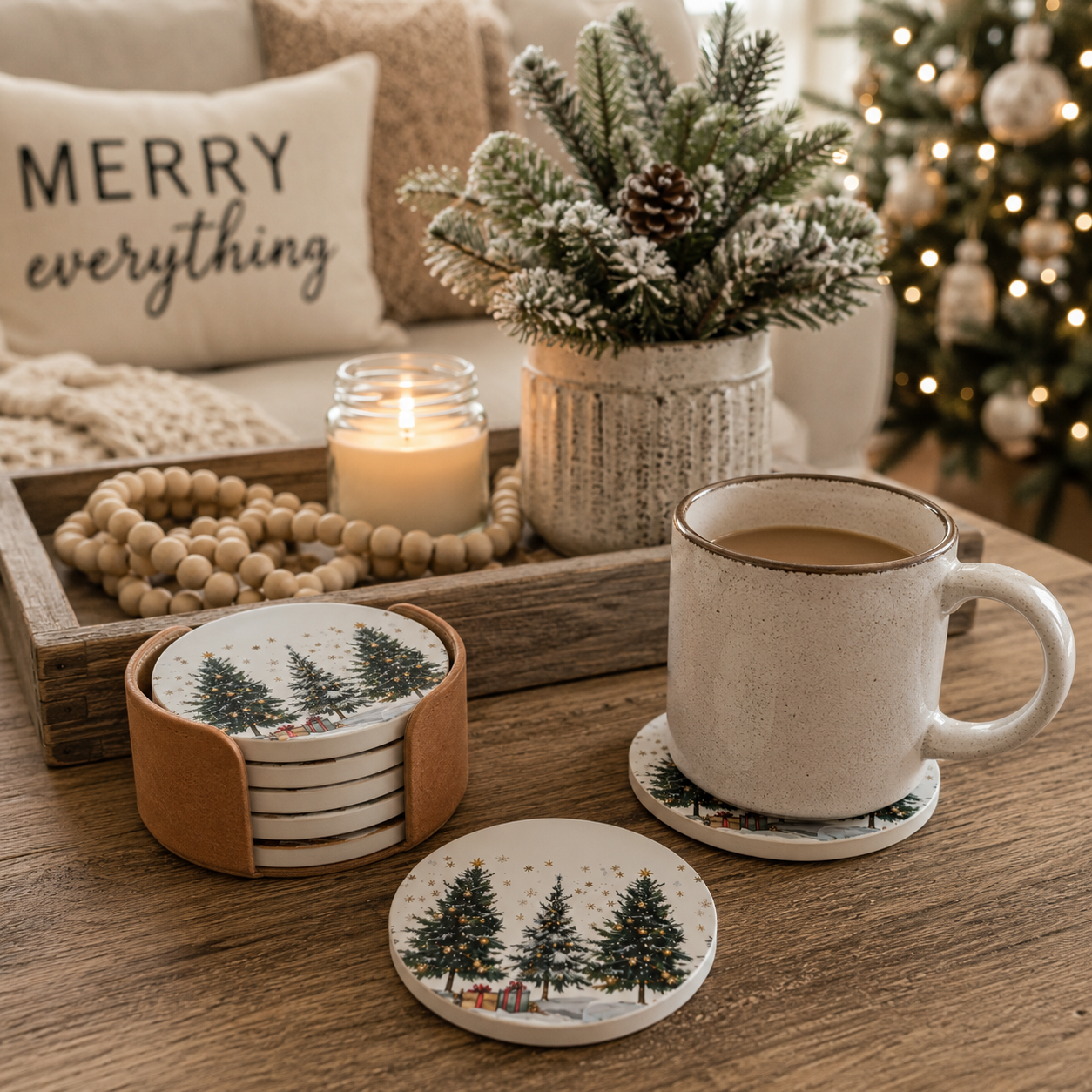 A set of round coasters and matching cup holders with a winter tree illustration, styled on a wooden table next to a ceramic mug and a candle in a cozy holiday setting.