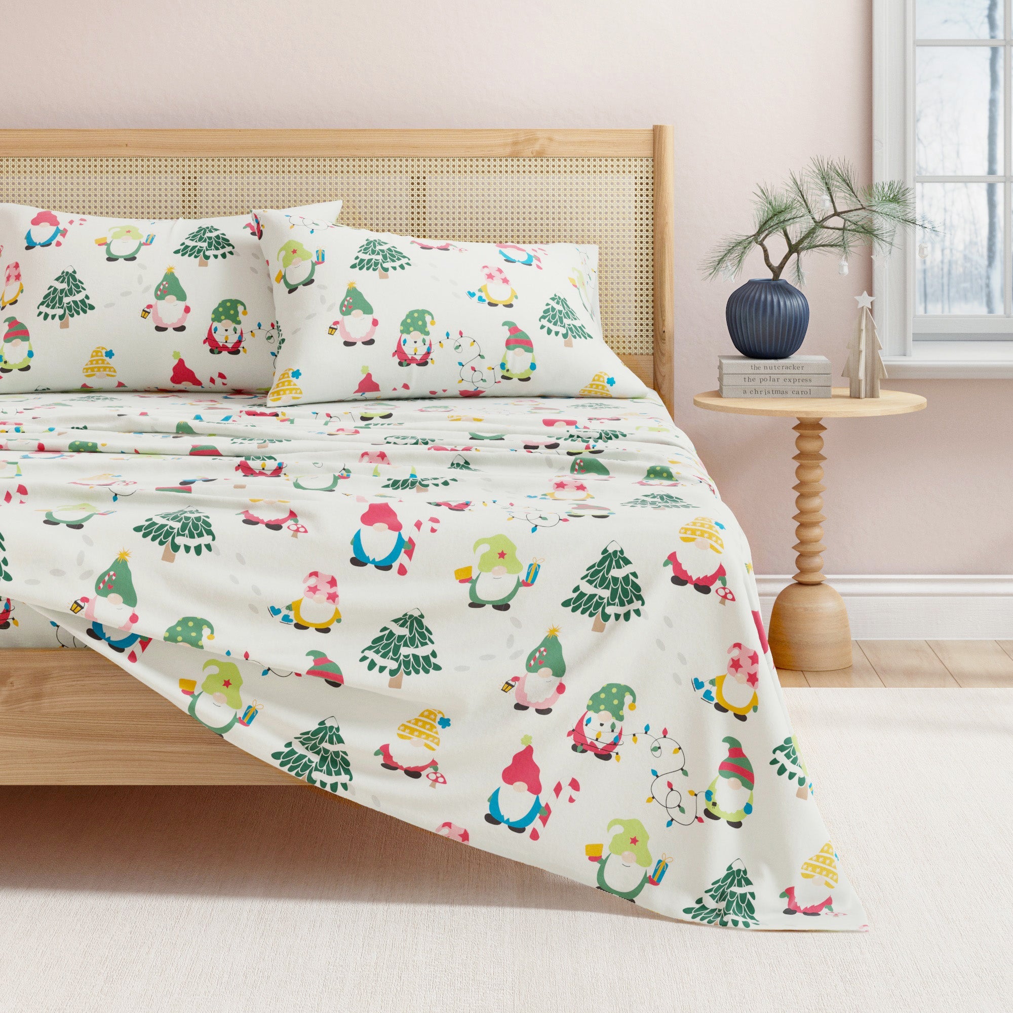 Bed with colorful gnome-themed bedding in a bedroom setting