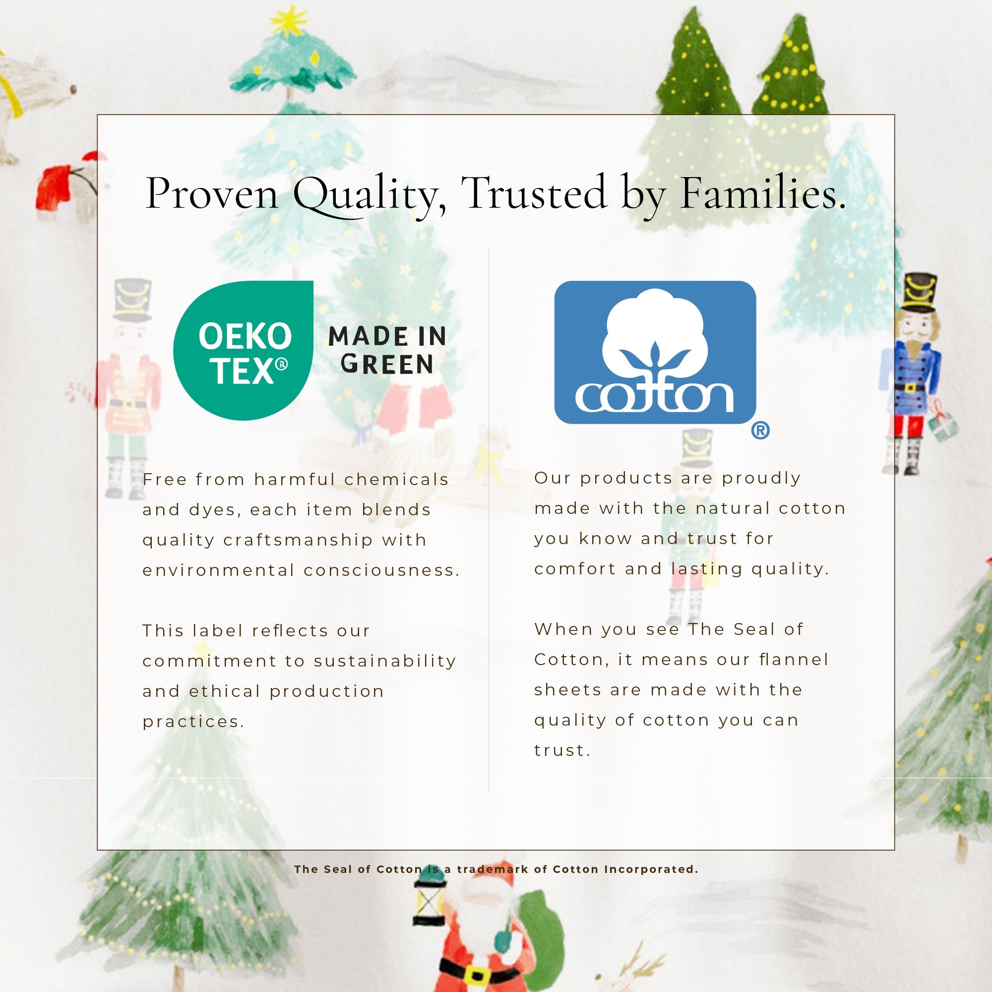 Product packaging with Oeko-Tex and Cotton logos and text on a festive background.
