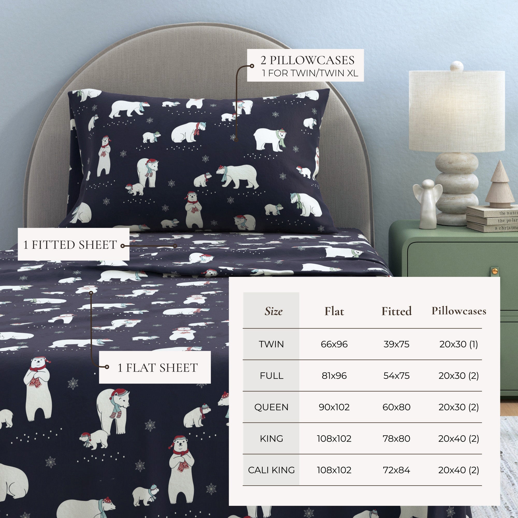 Bedding set with polar bear pattern on a bed, including pillowcases and sheets, with size chart overlay.