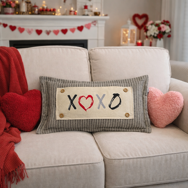Decorative pillow with 'XOXO' on a beige couch with red and pink pillows, festive decorations in the background.