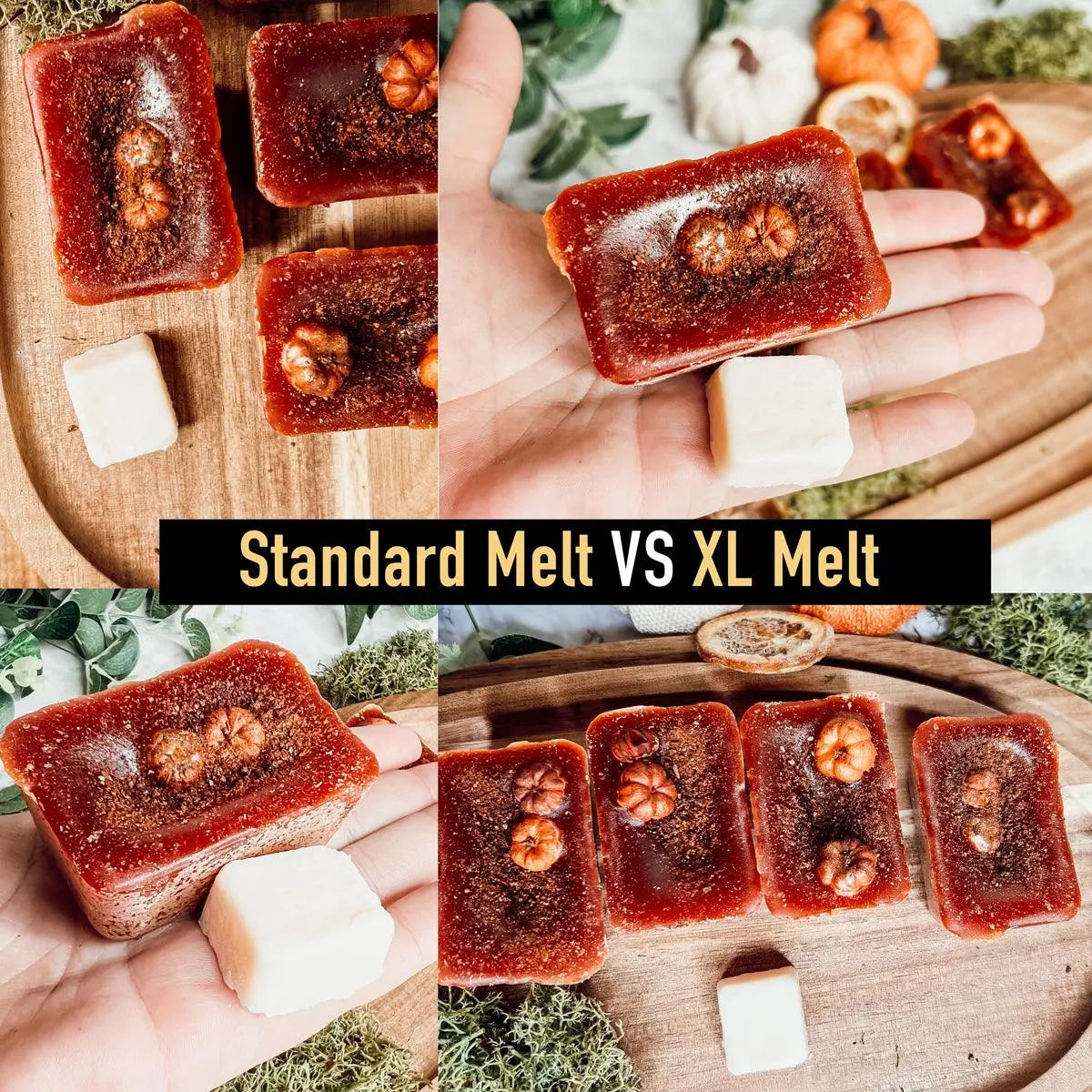 Collage showing 'Standard Melt' and 'XL Melt' of a product with nuts on a wooden board.