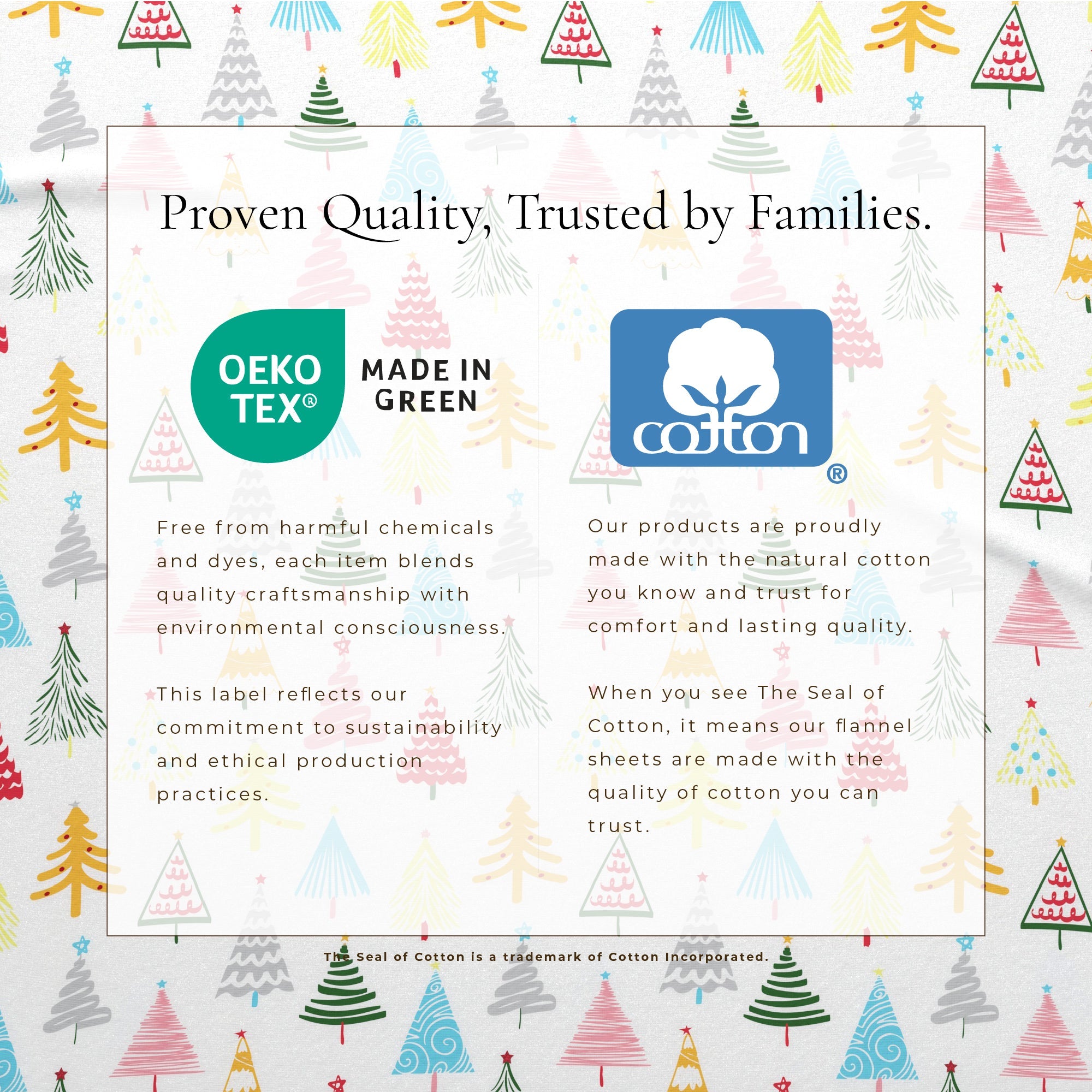 Text about proven quality and trusted by families, featuring Oeko-Tex and Cotton logos on a background with colorful tree patterns.
