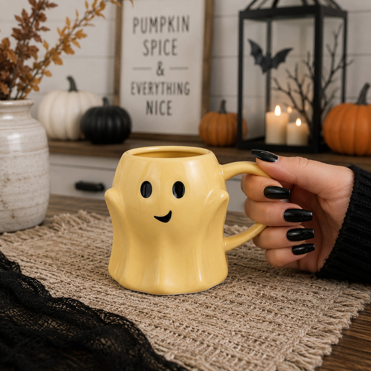 Hand holding a ghost-shaped yellow mug with Halloween decorations in the background.