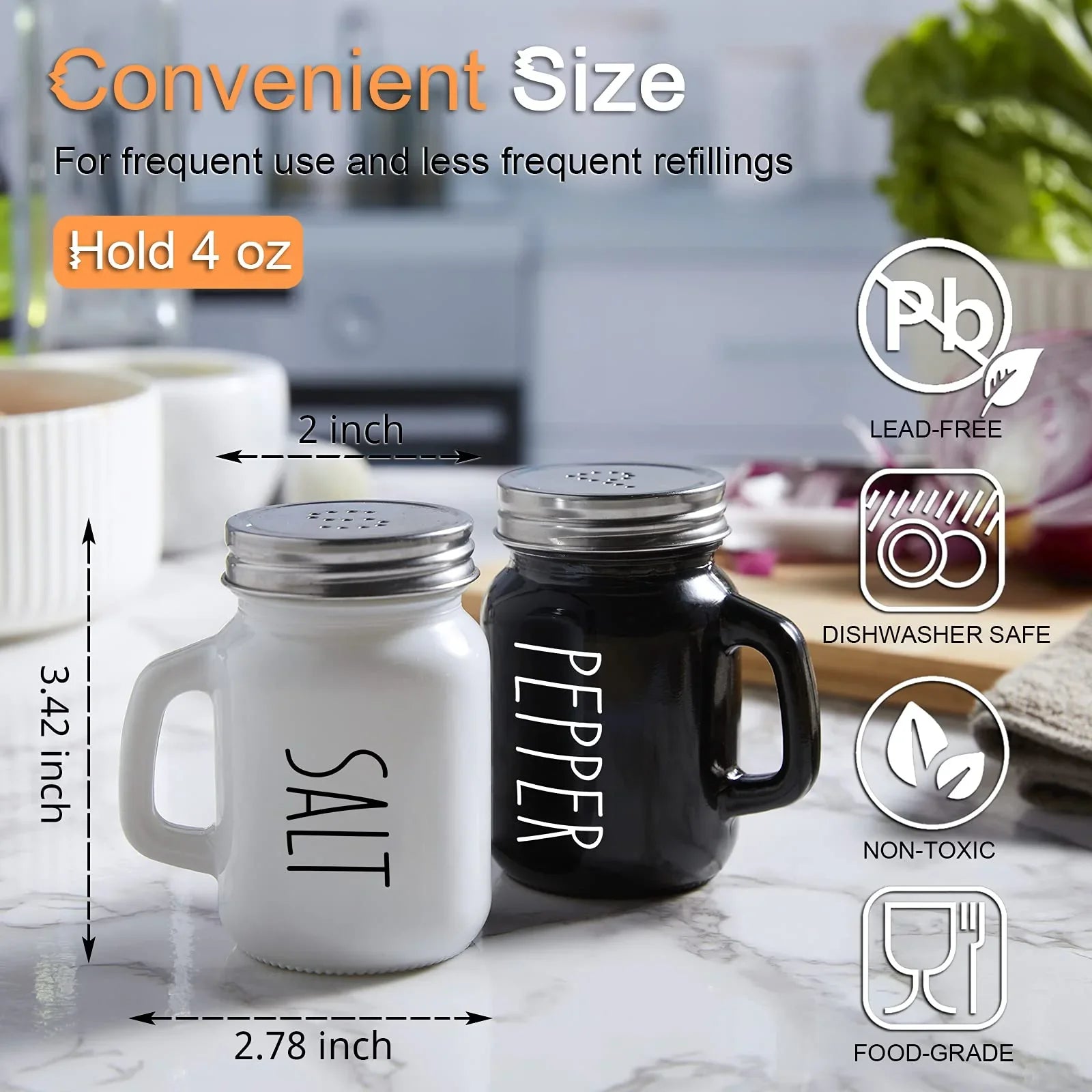 Salt and Pepper Shakers Set, ZOSUJO 4 oz Cute Salt Pepper Shaker, Kitchen Decor for Home Restaurants Wedding, Glass Black White Shaker Sets with Stainless Steel Lids - KJ Cozy Designs