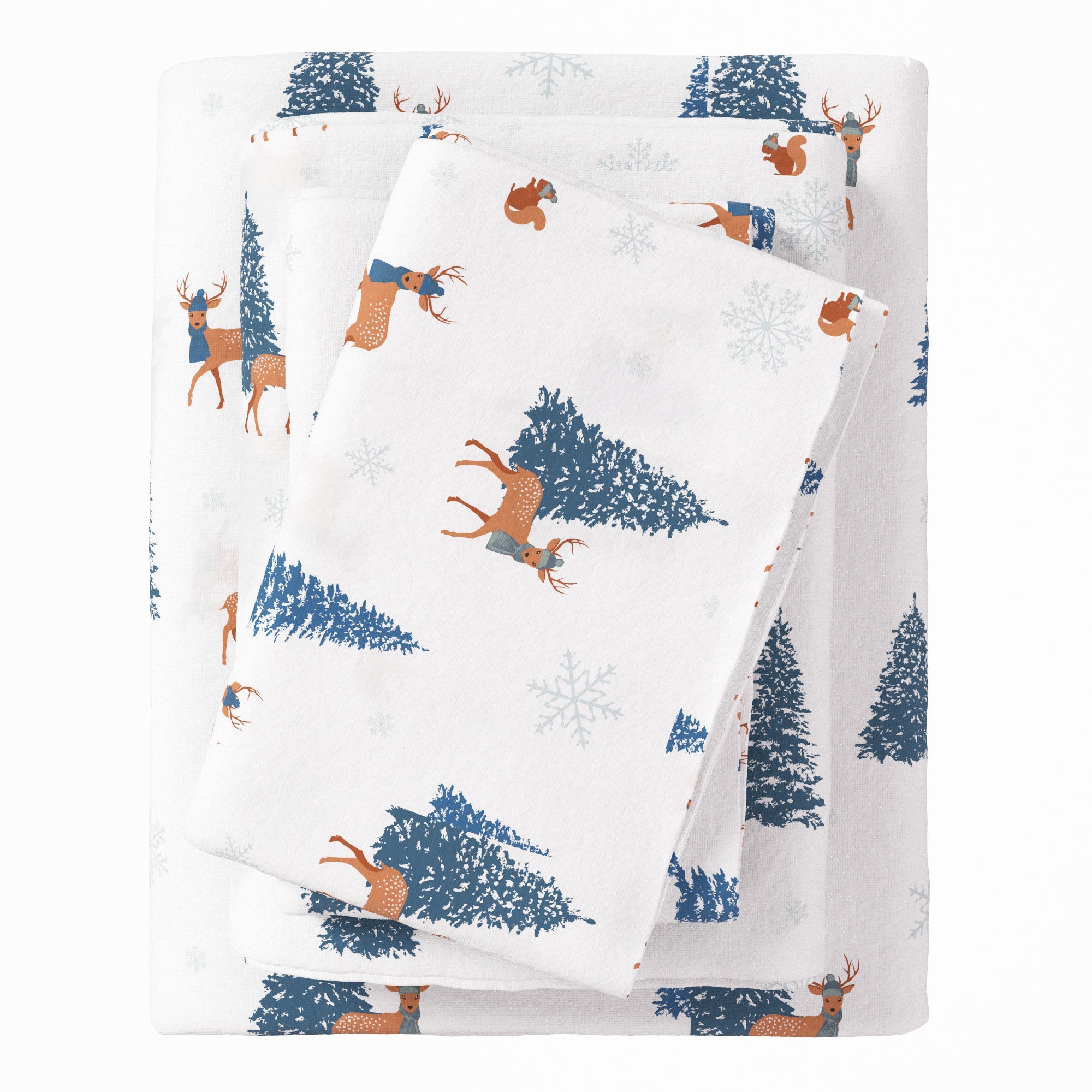 Folded fabric with deer and tree pattern on a white background