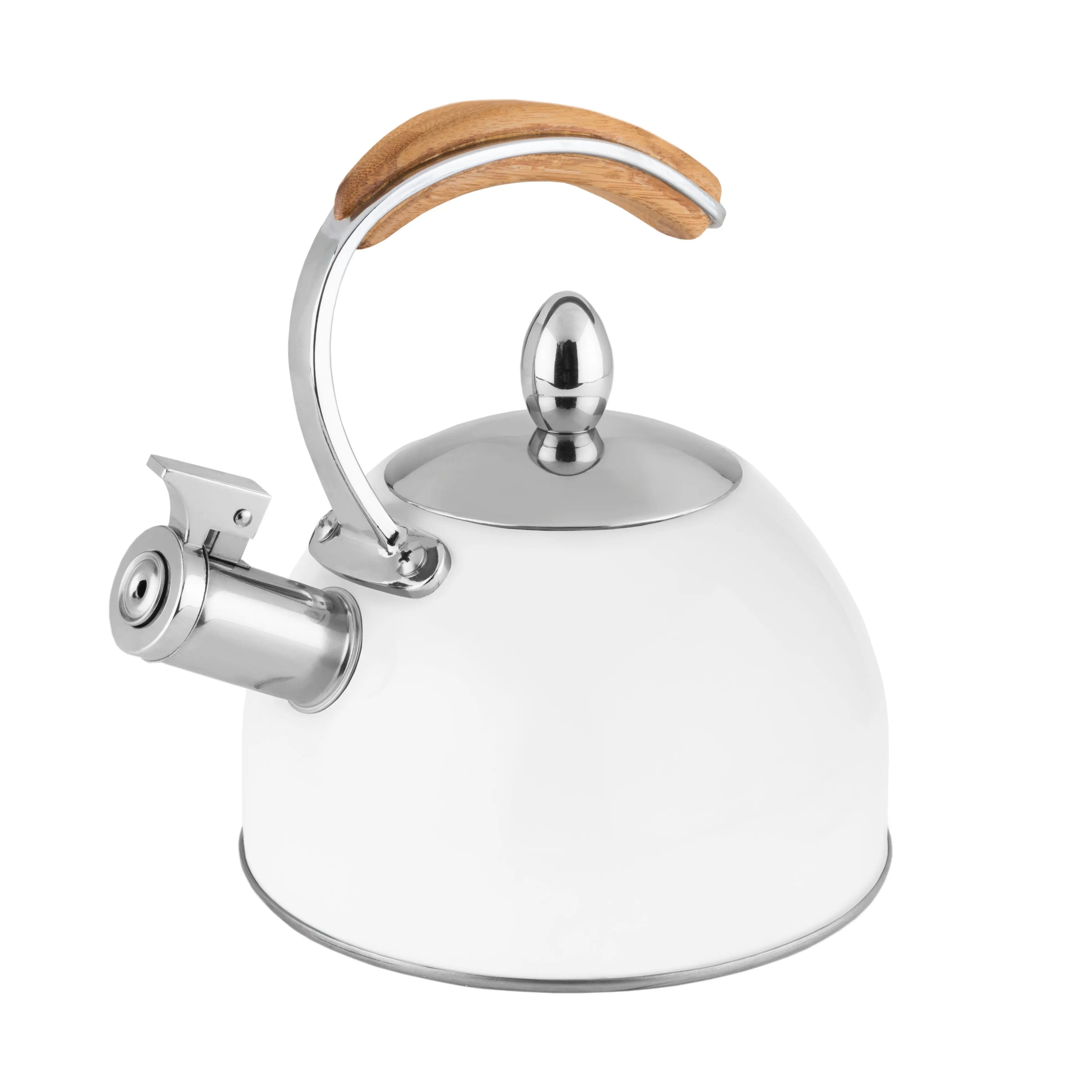 White kettle with a silver handle on a white background